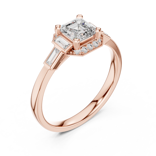 0.60CtRadiant Cut Baguette Side Stone Engagement Ring-Minimal Silver Ring Embellished with Elongated Cut Stones