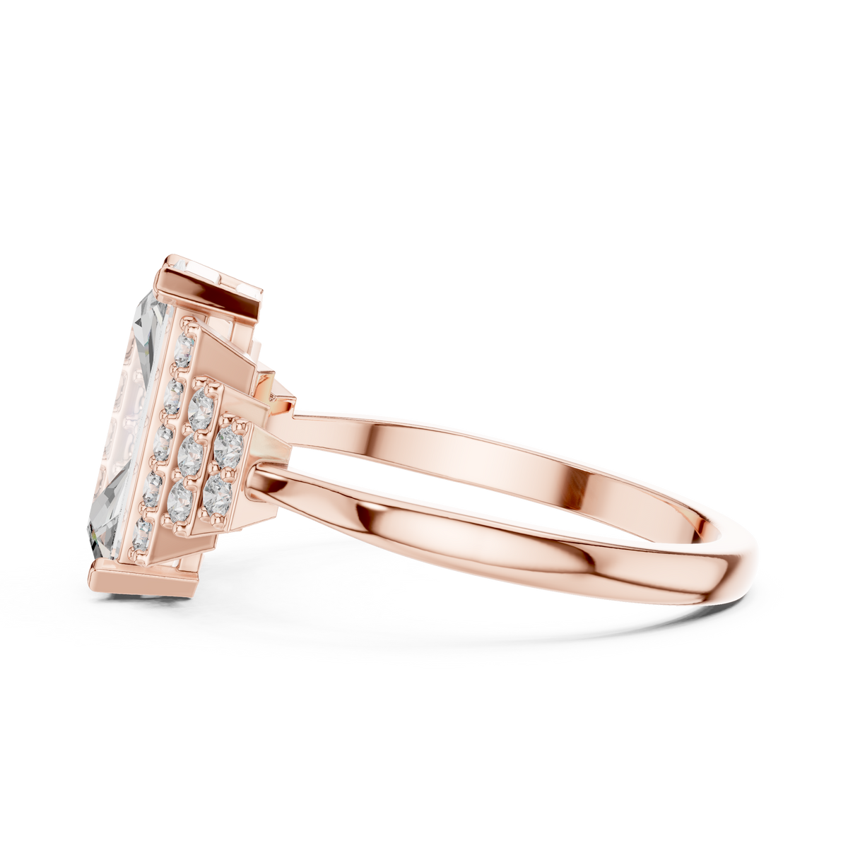 14K Gold Emerald Cut Engagement Ring Cathedral Prong Setting Emerald Cut Side Profile Cathedral Setting Hidden Halo Craftsmanship Angle View HB Prestige Jewels Emerald Cut Ring