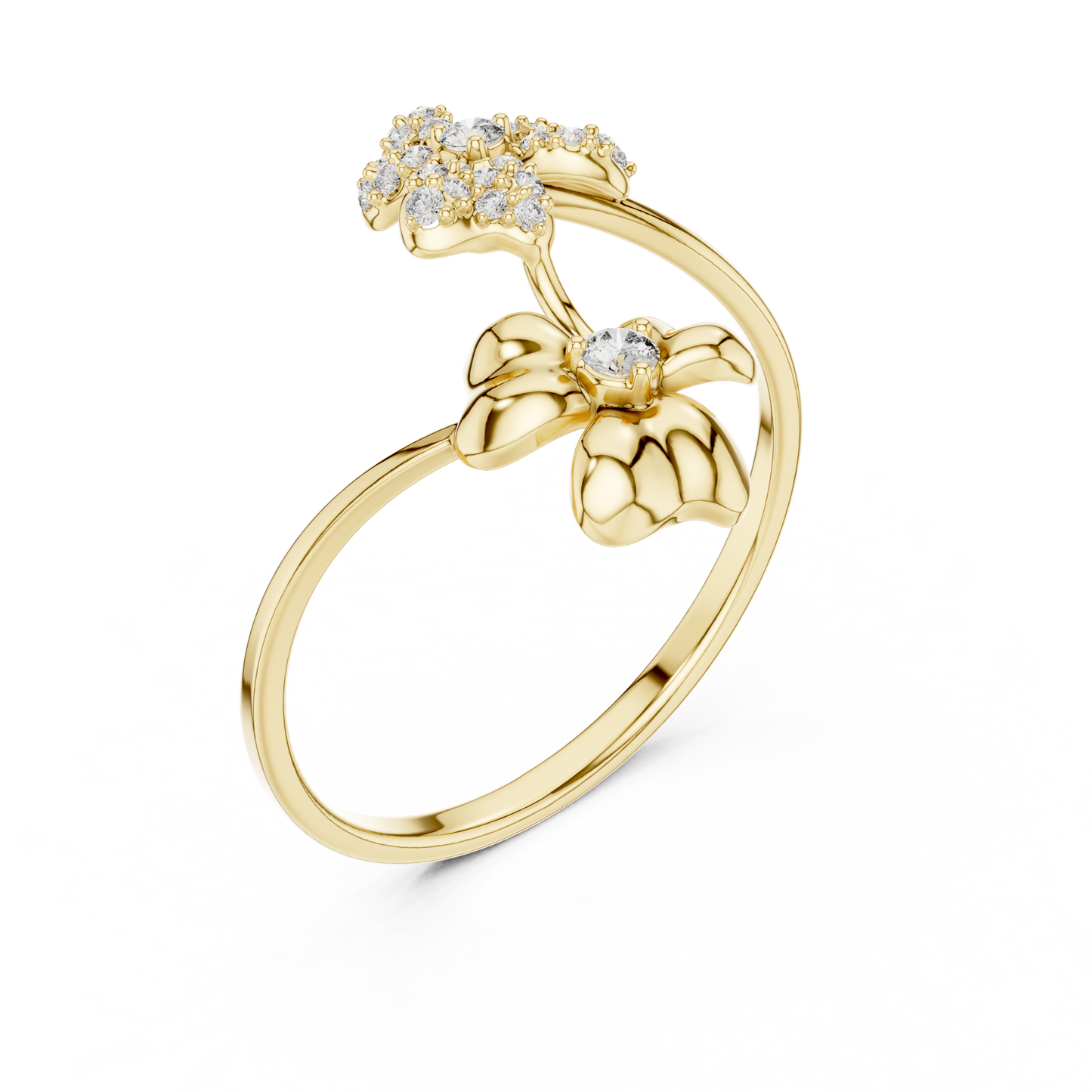Adjustable Floral Diamond Ring – Two Flower Open Silver Band – Women’s Everyday Stacking Jewelry