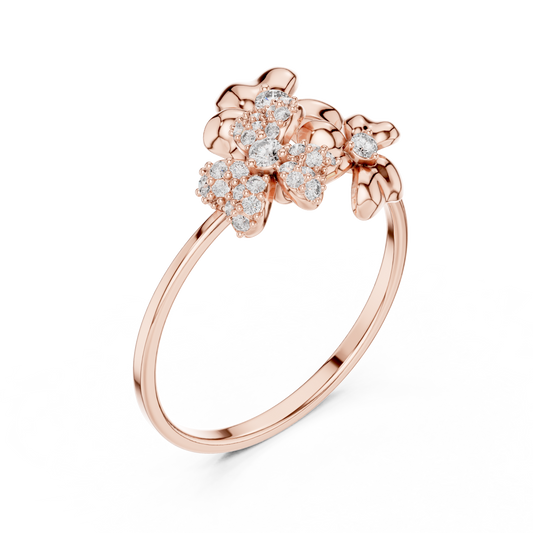 Romantic Floral Diamond Ring - Three Blossom Motif - Mixed Silver Gold Plated Luxury Finish - Exclusive Floral Diamond Ring