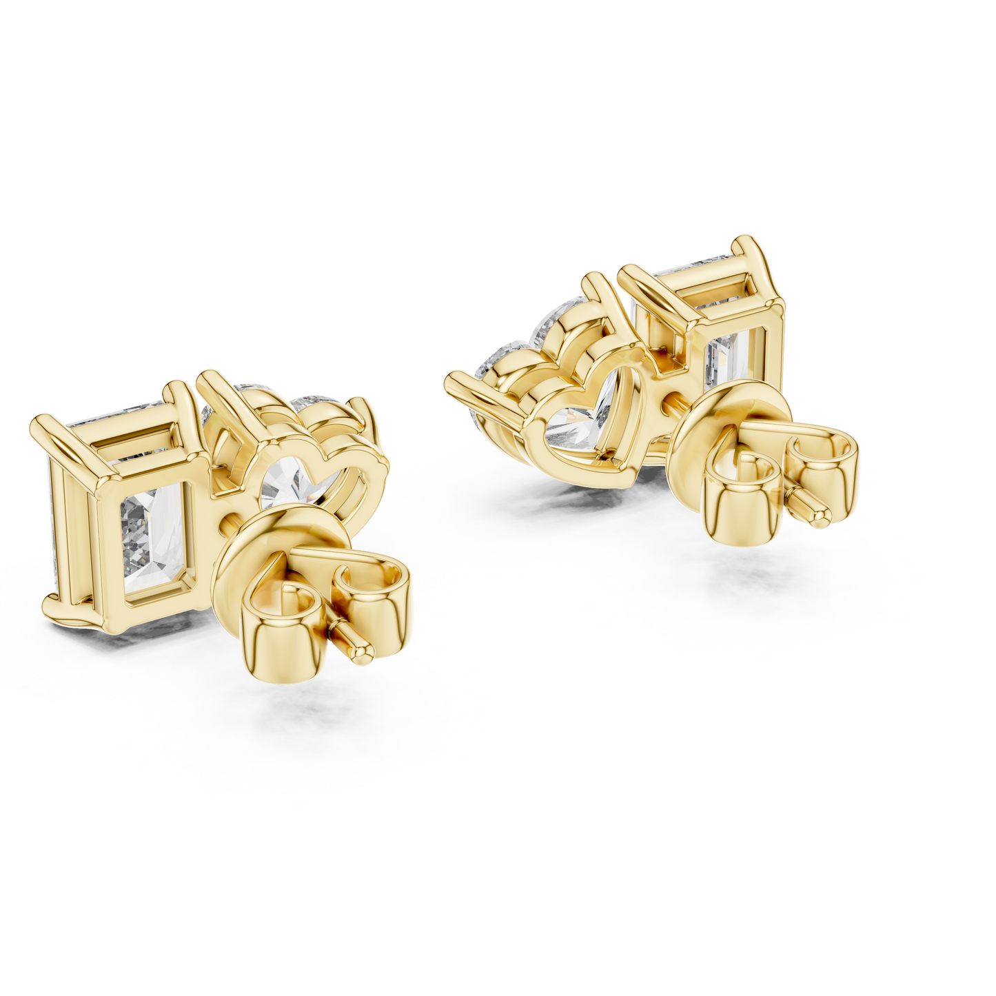 Asymmetrical Diamond Stud Earrings – Heart Shape & Emerald Cut Pair, Trending Minimalist Ear Jewelry