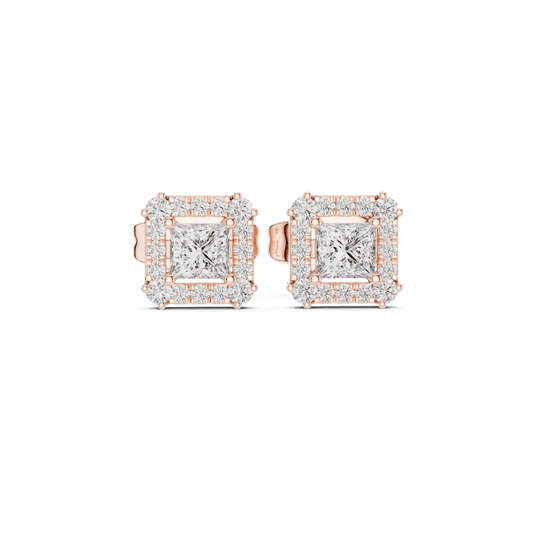 Prism Edge Princess Studs • Double Halo Square Glow • Gold Minimal Elegance