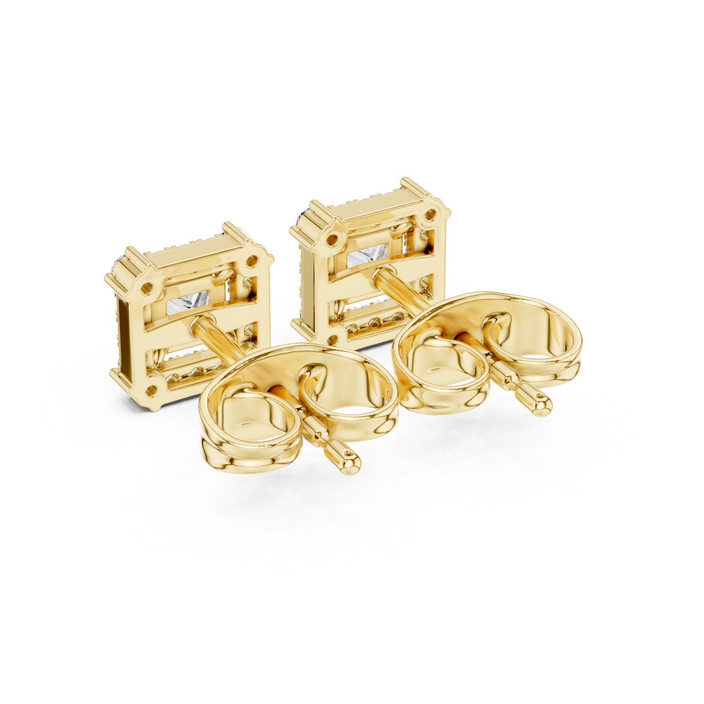 Prism Edge Princess Studs • Double Halo Square Glow • Gold Minimal Elegance
