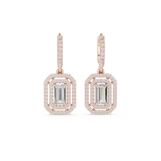 Geometric Baguette Cut Drop Earrings • Sparkling Halo Huggies • 1920s Deco Inspired Diamond Dangles