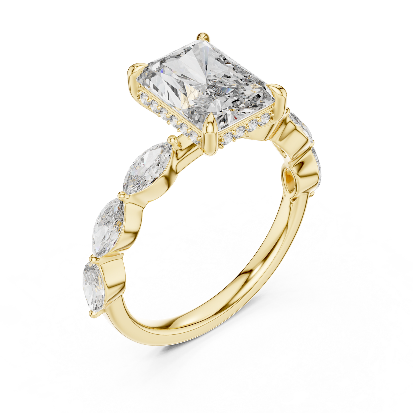 3.00Ct Radiant Rectangle Solitaire Ring with Marquise Side Stones - Timeless Bridal Engagement Piece