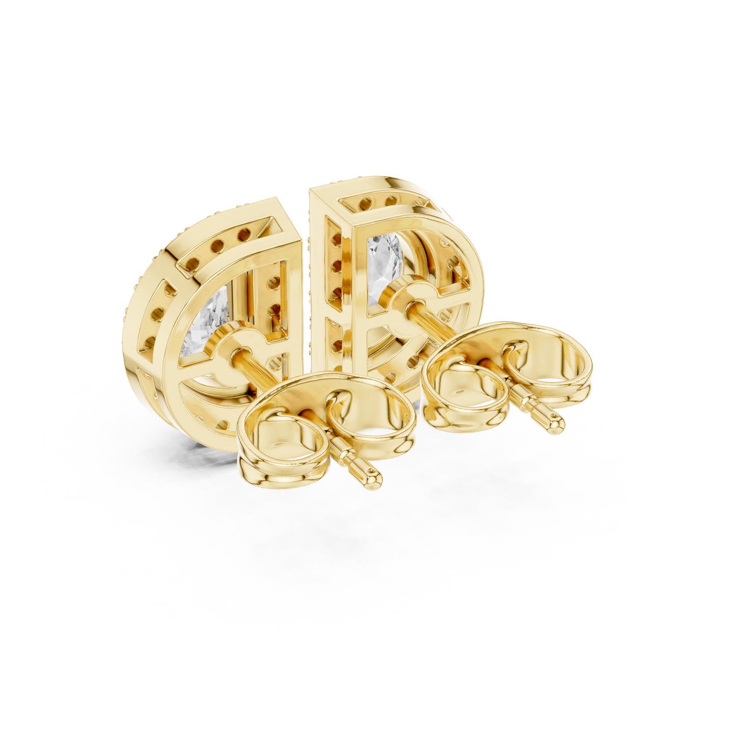 Half Moon Diamond Stud Earrings in 925 Sterling Silver | Luxury Halo Statement Studs | D-Shape Diamond Halo Stud Earrings | Modern Bridal Gold Earrings