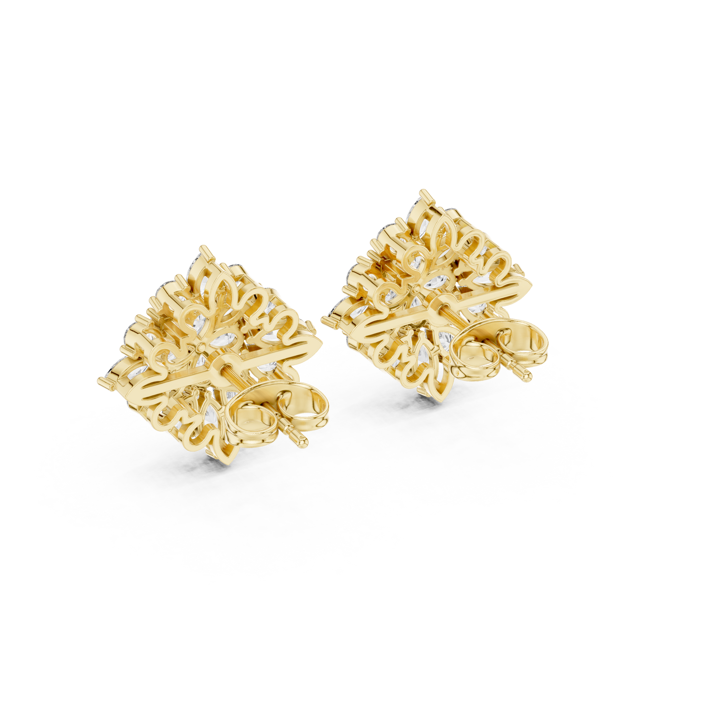 Chrysanthemum Diamond Cluster Studs – Gold Floral Marquise Earrings, Bridal Fine Jewelry