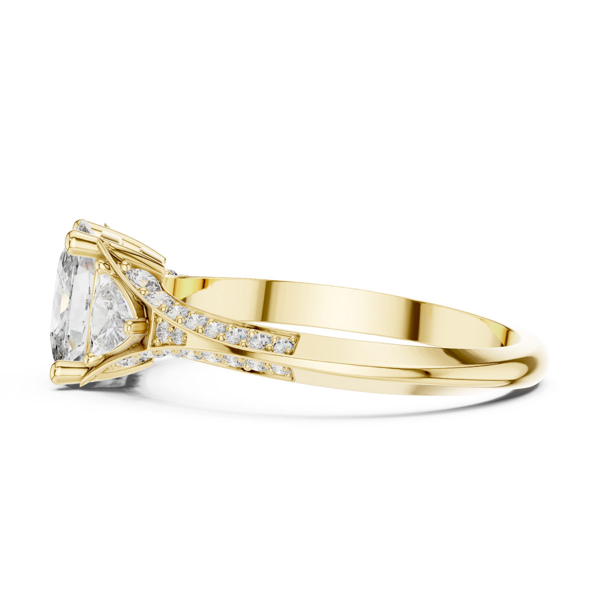 An appealing top down perspective of the luxury engagement ring box partially opened to reveal the bright sparkle of a cushion cut lab diamond ring set in solid white gold, crafted to inspire romantic proposal ideas.