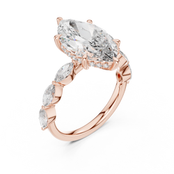 Angle 2 Side Profile View showing the detailed collet basket setting holding the 16x9mm marquise center diamond, paired with elegant leaf side clusters on a dainty solid 18K gold shank created for luxury bridal jewelry collections.