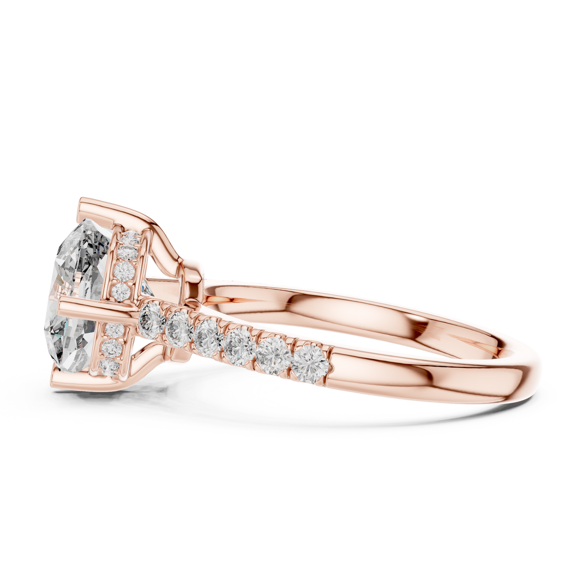 Angle 4 Macro Close Up shot focusing on 8 50mm cushion cut center diamond surrounded by hidden halo micro pave setting and precision u cut diamond band crafted in 18k gold