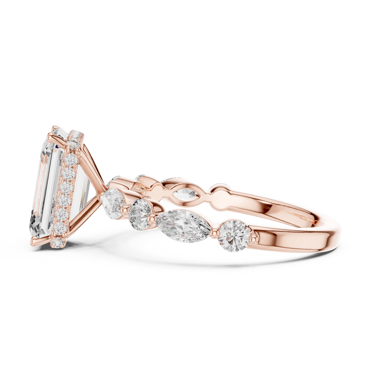 Angle 4 Macro Stone Close Up revealing the step-cut clarity and exceptional EF color of the 3.00ct Emerald Cut Lab-Grown Diamond complemented by brilliant marquise and round diamond accents in a micro pave setting on solid gold band.