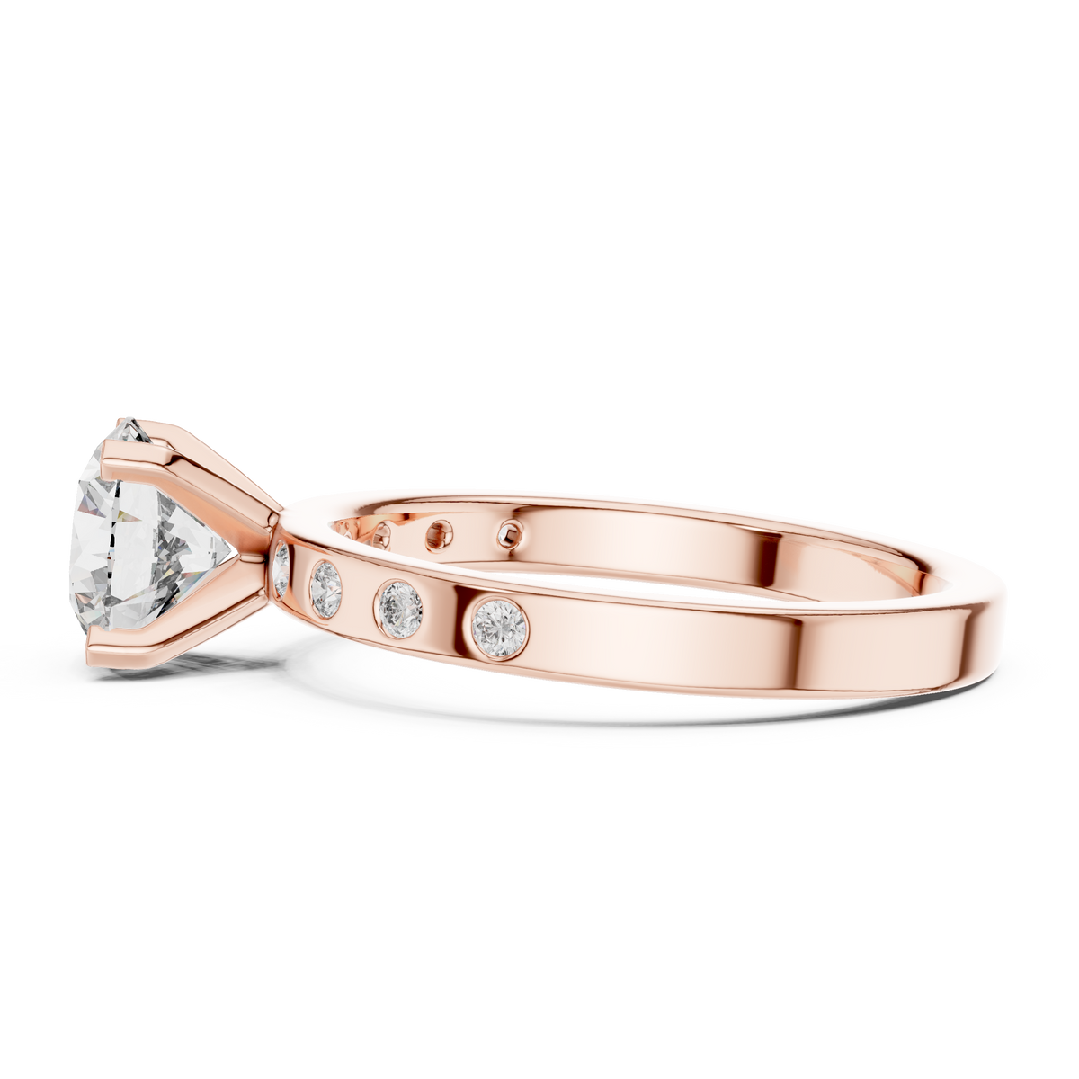 Angle 4 Top down aerial view of the 14K solid gold engagement ring featuring 8 brilliant round bezel accent stones along the shoulders. Perfectly proportioned design showcasing balance, refined elegance, and modern minimalist luxury for women who appreciate handcrafted fine jewelry.