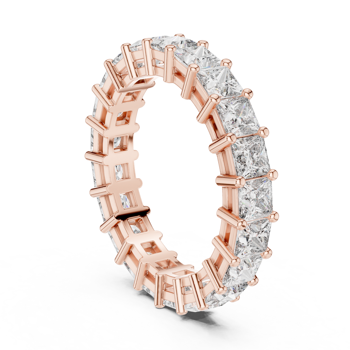 Angle 4 Top perspective displaying full eternity ring design with 21 princess cut lab diamonds in solid yellow gold setting for daily wear
