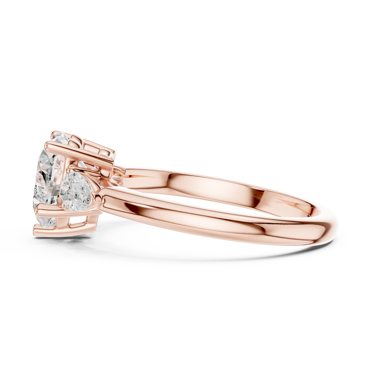 Bridal Heart Cut Lab Grown Diamond Engagement Ring 2.50 — Profile perspective view of the bridal heart cut lab grown diamond engagement ring in rose gold revealing the precise 5.35 mm gallery height, structural basket gallery support, and sleek polished band ideal for stacking with wedding bands.