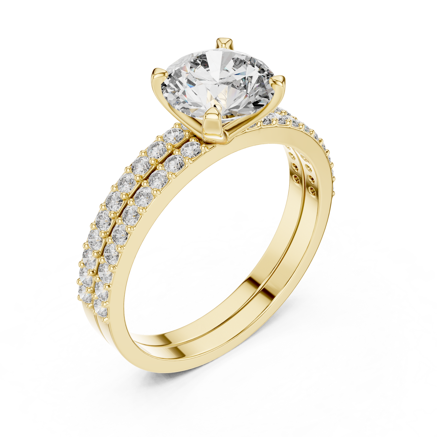 1.45Ct Double Row Moissanite Engagement Ring | Round Cut Solitaire & Pave Band | Gift Promise Band