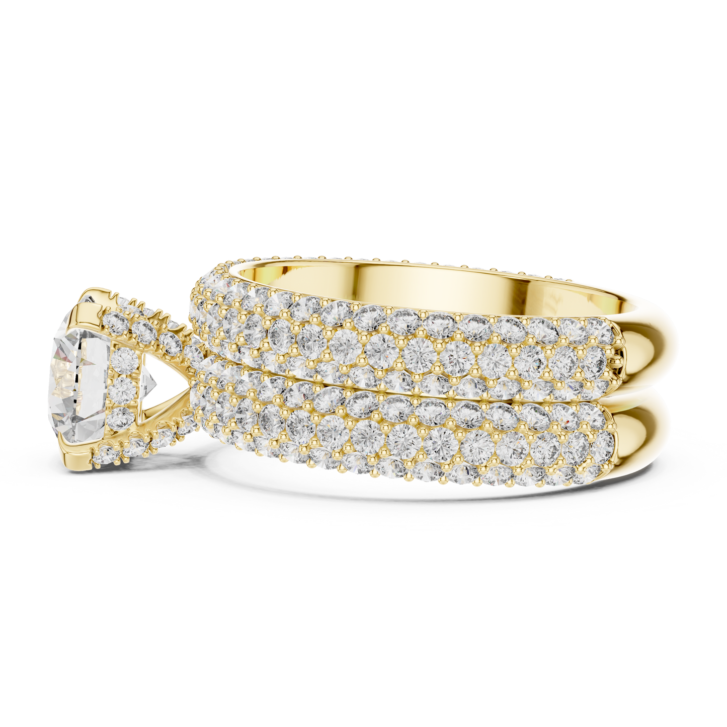 1.50CtHigh-Shine Bridal Ring Pair – Round Solitaire with Triple-Row Diamond Band - big stone engagement ring