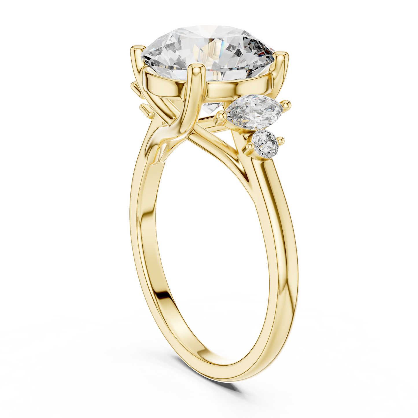 3.50Ct. Designer Floral Trio Ring • Round Centerpiece with Marquise Side Diamonds • Luxury Proposal Ring