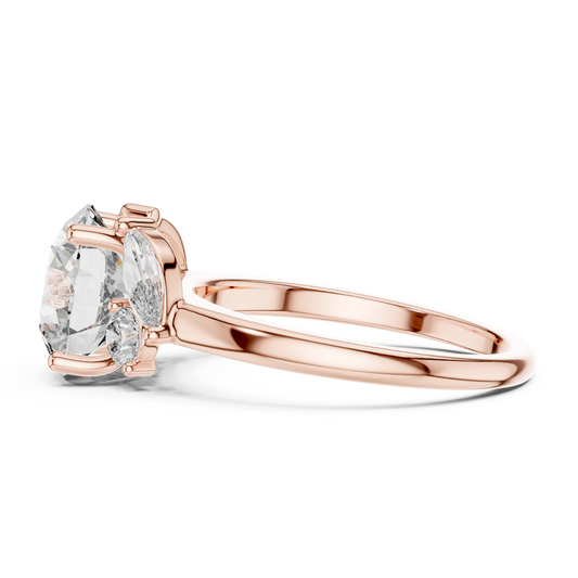 3.00Ct Round Dynasty Three-Stone Diamond Ring • marquise Cluster Side Stones • Timeless Gold Engagement Beauty