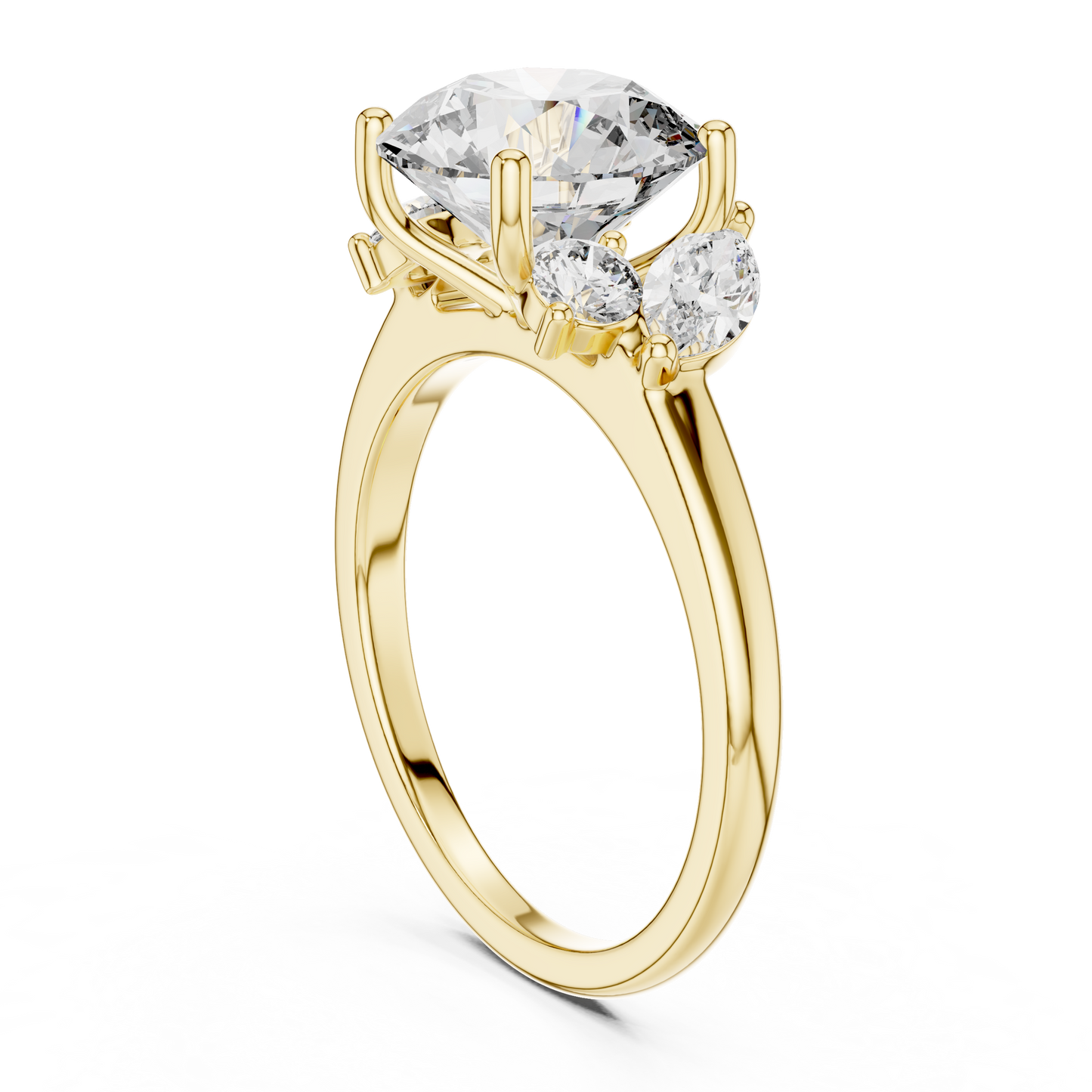 3.00Ct Round Dynasty Three-Stone Diamond Ring • marquise Cluster Side Stones • Timeless Gold Engagement Beauty