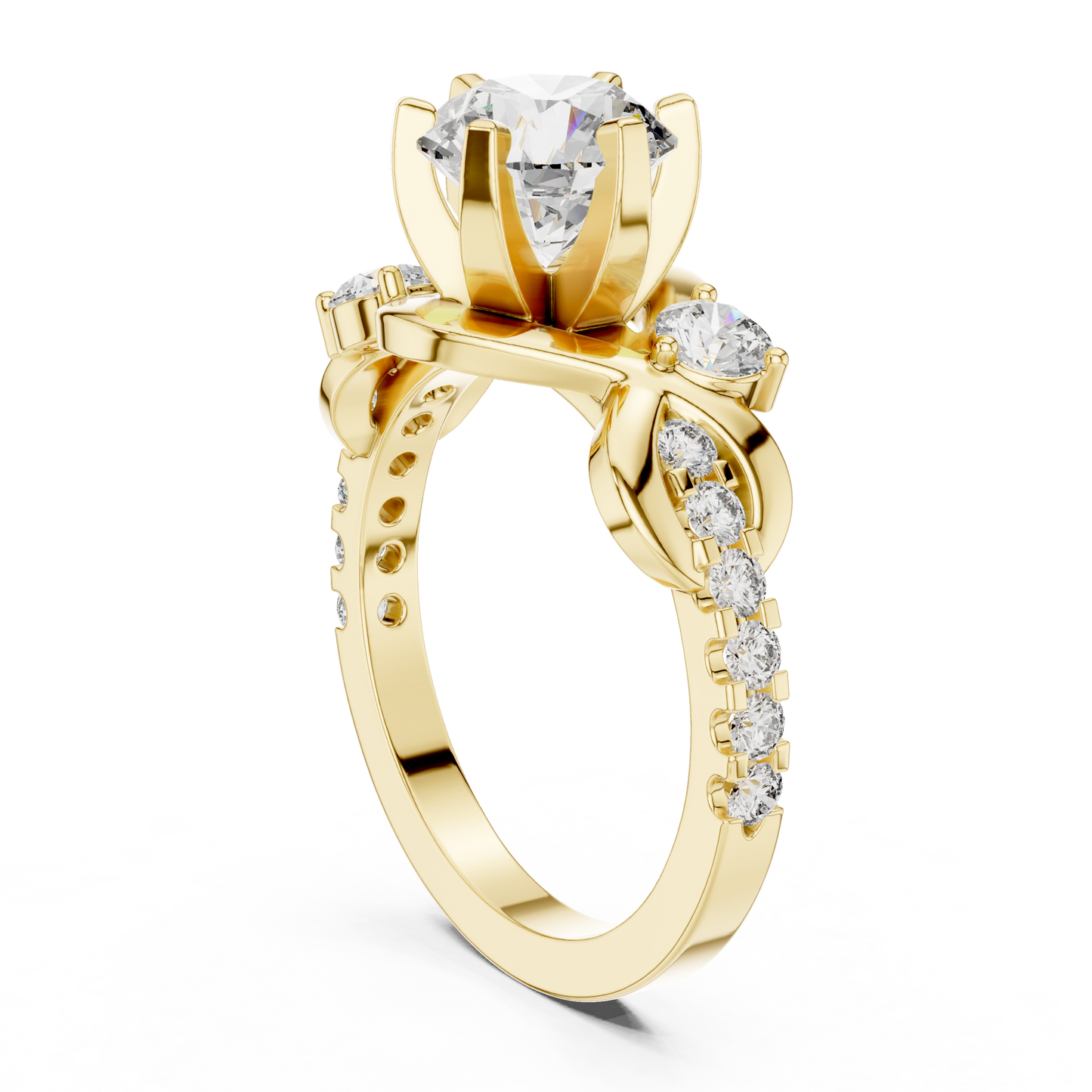 1.48Ct Intertwined Shank Bridal Ring • Classic Round Solitaire with Side Stones • Modern Gold Setting