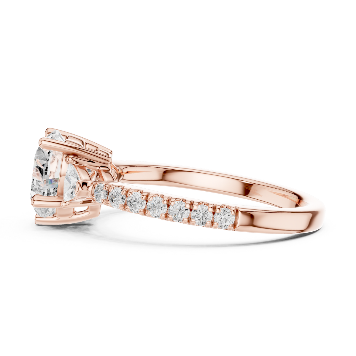 Detailed macro view of heart cut gemstone with trillion side stones and pave diamond band showing precise prongs and high finish luster in solid 14k white gold, ideal for eco friendly lab grown diamond search intent.