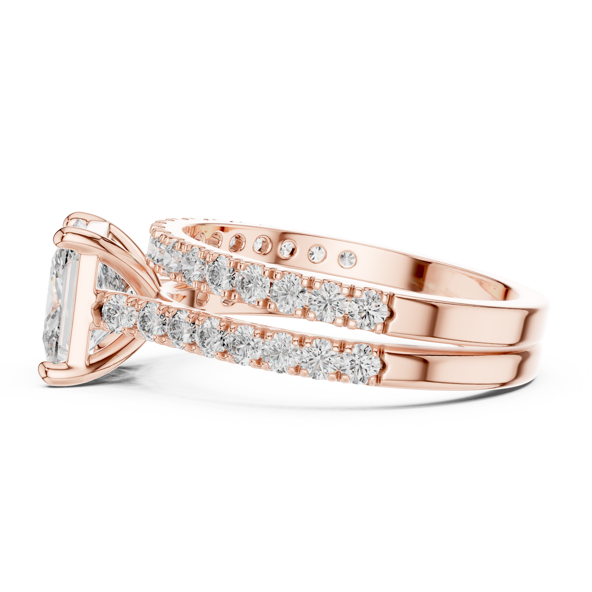 Detailed top down view of the round cut Lab Grown Diamond ring showcasing the symmetry and high-quality craftsmanship of the 14K gold band and side stone arrangement