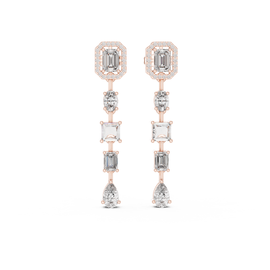 Emerald cut halo drop earrings multi shape cascade gold - front view