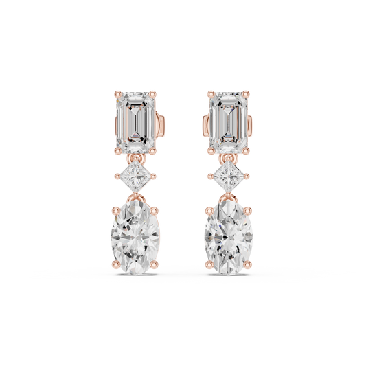 Moissanite Diamond Drop Earrings | Emerald Cut & Oval Cut Luxury Earrings | Emerald Cut Diamond Earrings | Anniversary Gift Silver Rose Plated Jewelry