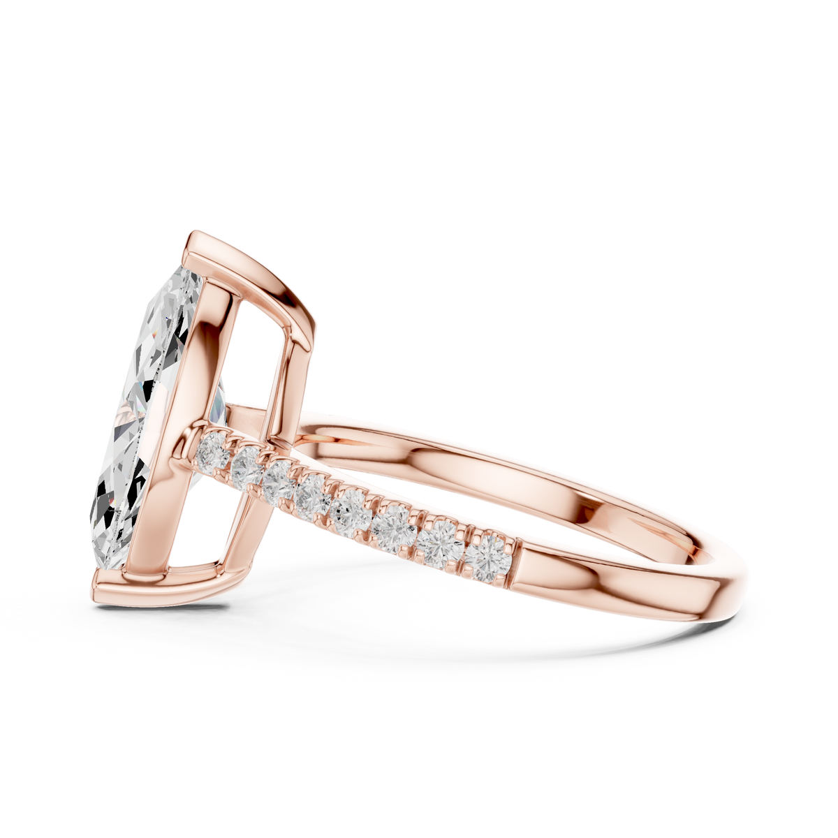Hand model wearing the 14k gold marquise lab diamond engagement ring to demonstrate the scale and elegant fit on finger ideal for gift inspiration and anniversary present ideas for women