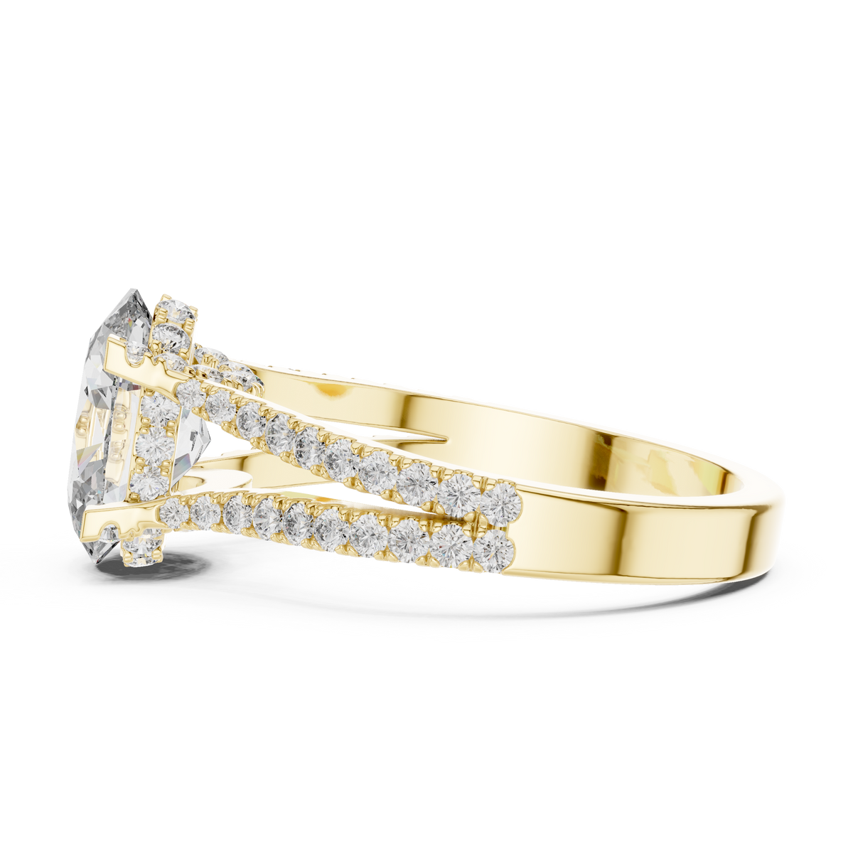 Jeweler workbench perspective showing the hand setting process of side round diamonds into the split shank gold band, reflecting artisanal care and fine jewelry quality.