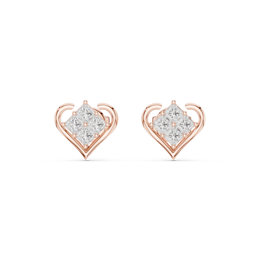 Heart Shape Princess Cut Diamond Stud Earrings in 925 Sterling Silver | Minimal Luxury Love Earrings | Princess Cut Cluster Diamond Heart Stud Earrings | Elegant Bridal & Daily Wear