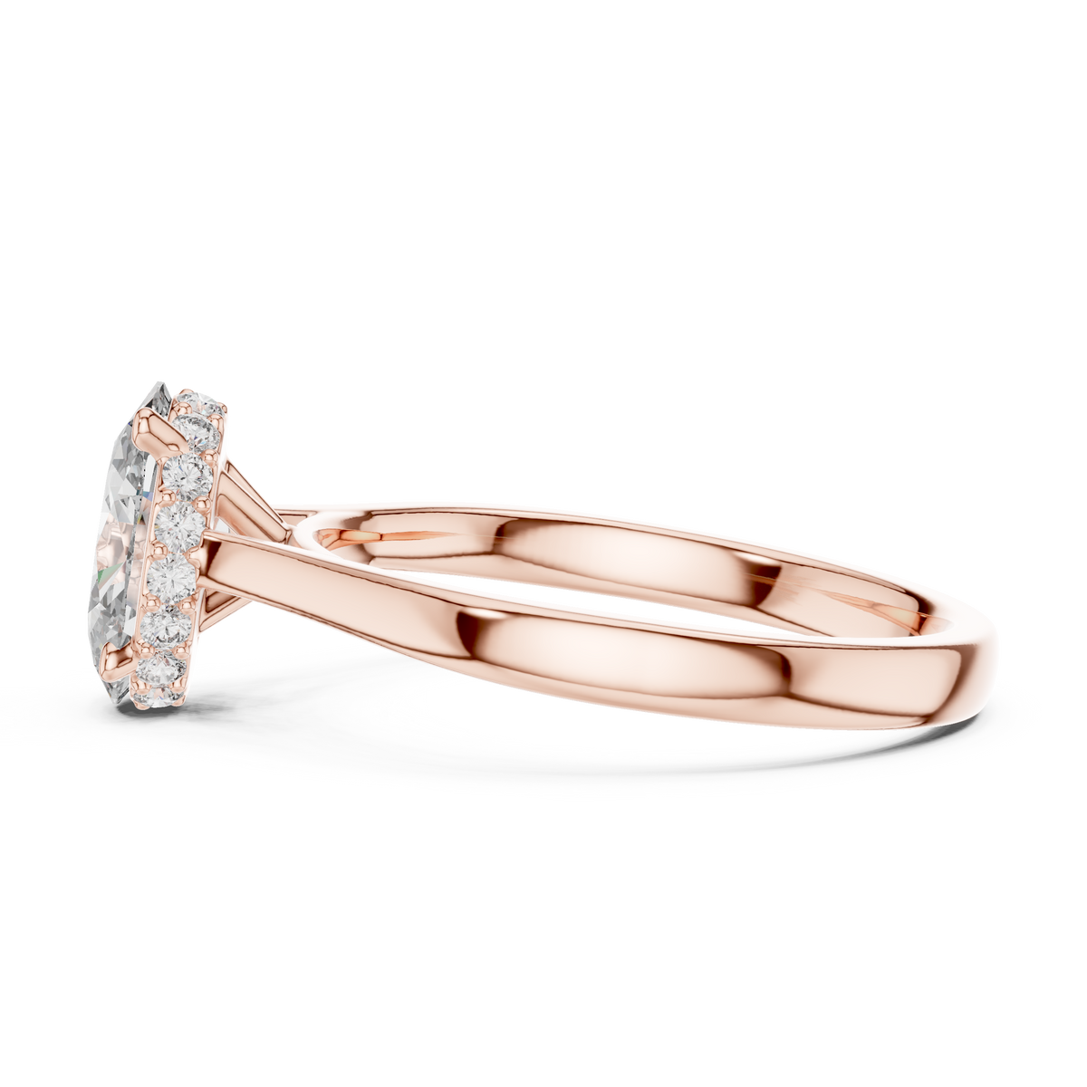 Macro close up detail highlighting the 9.16 by 6.53 mm oval center diamond held securely by polished gold prongs with light reflecting through every facet of the eco friendly lab grown stone