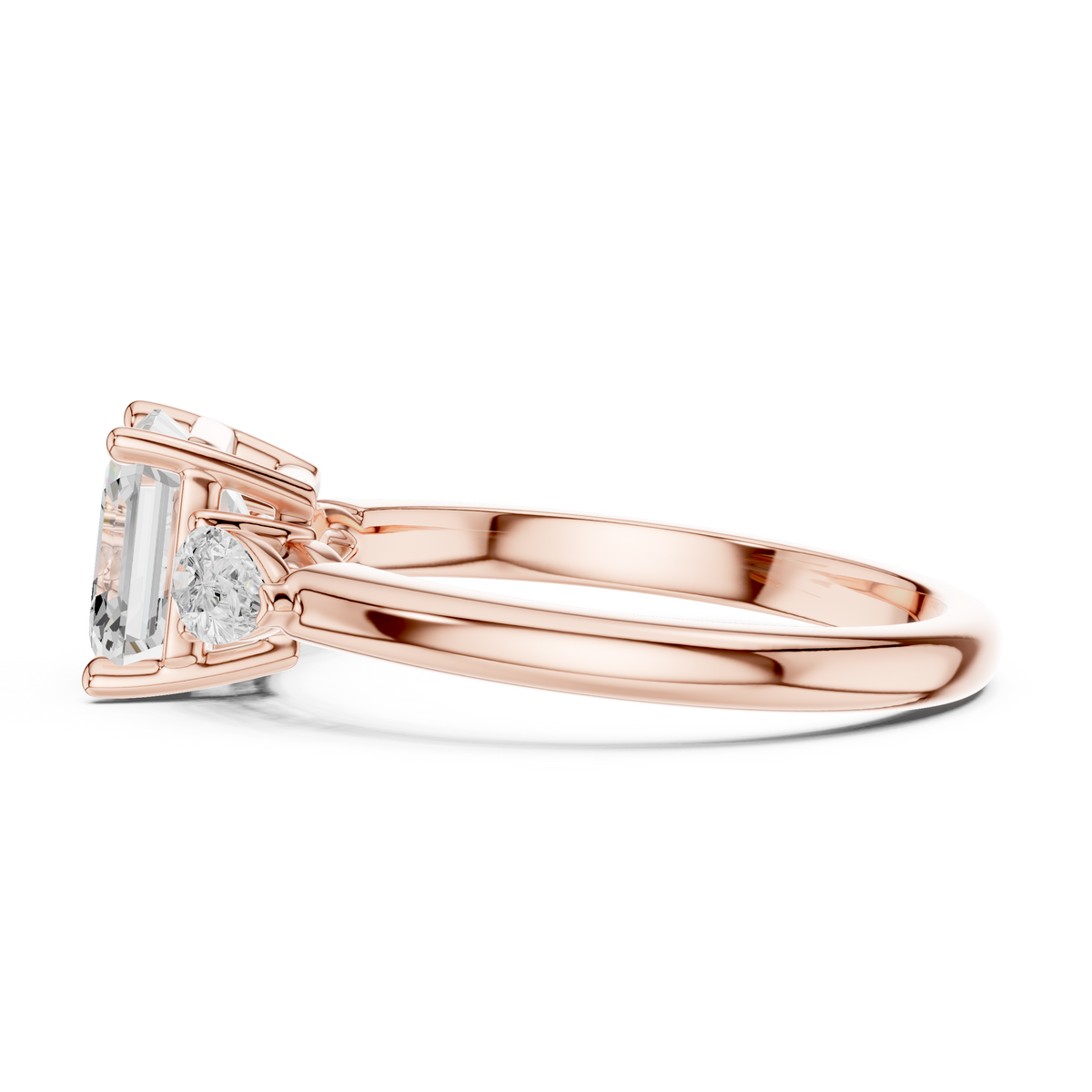 Macro close up shot of 7.00mm Asscher cut lab grown diamond showing step cut hall of mirrors effect flanked by two sparkling 5.00x3.00mm pear shape side diamonds in solid 18K white gold mounting.