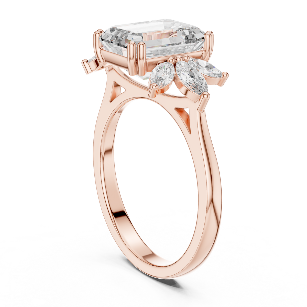 On hand model close up shot displaying a stunning 3.00ct emerald cut lab diamond ring with marquise halo side stones set in 18k solid yellow gold, elegant anniversary gift idea for women searching for custom bridal jewelry.