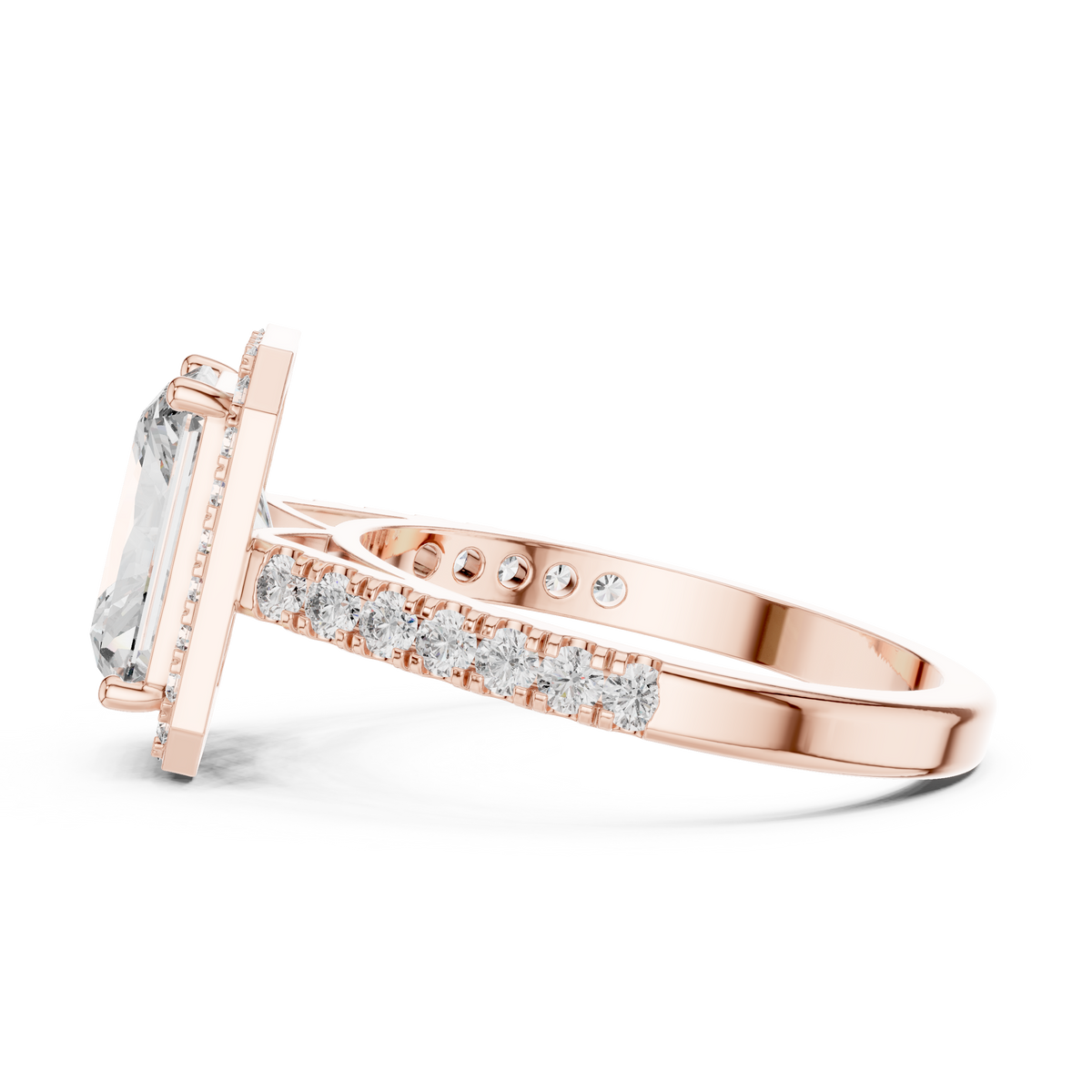 On hand model shot displaying 14k yellow gold radiant cut engagement ring with pave u-cut diamond band reflecting light beautifully in natural studio environment.