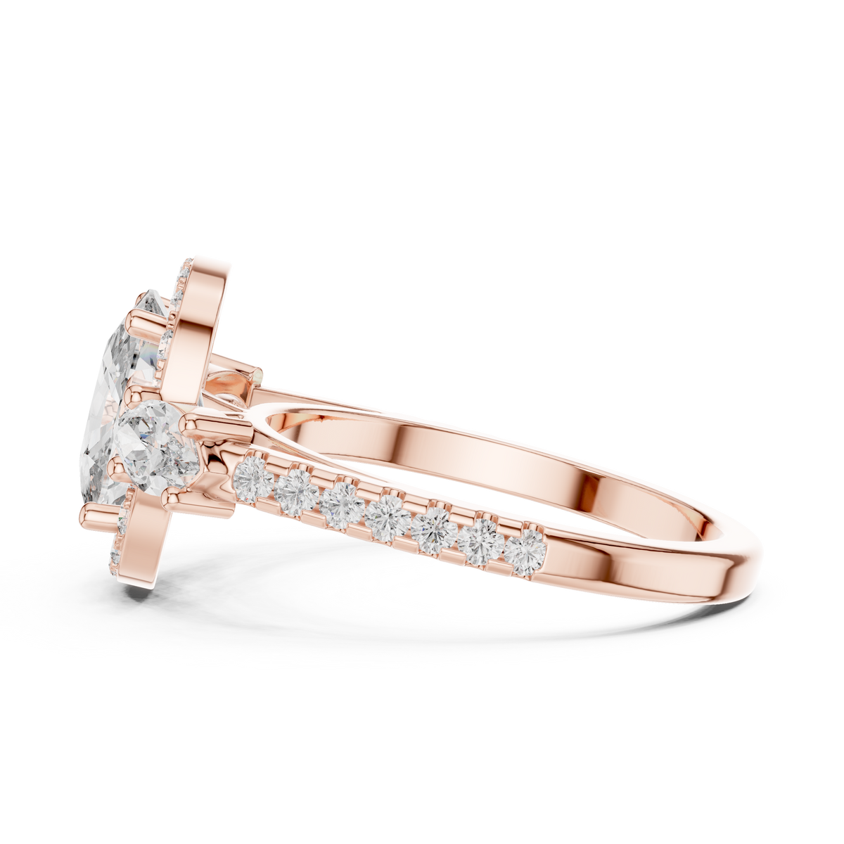 On hand wearing perspective of cushion cut lab diamond engagement ring in 14K yellow gold showcasing realistic hand proportion scale finger fit size 7 US with sparkling halo cluster and elegant marquise side diamonds glistening in soft natural light.