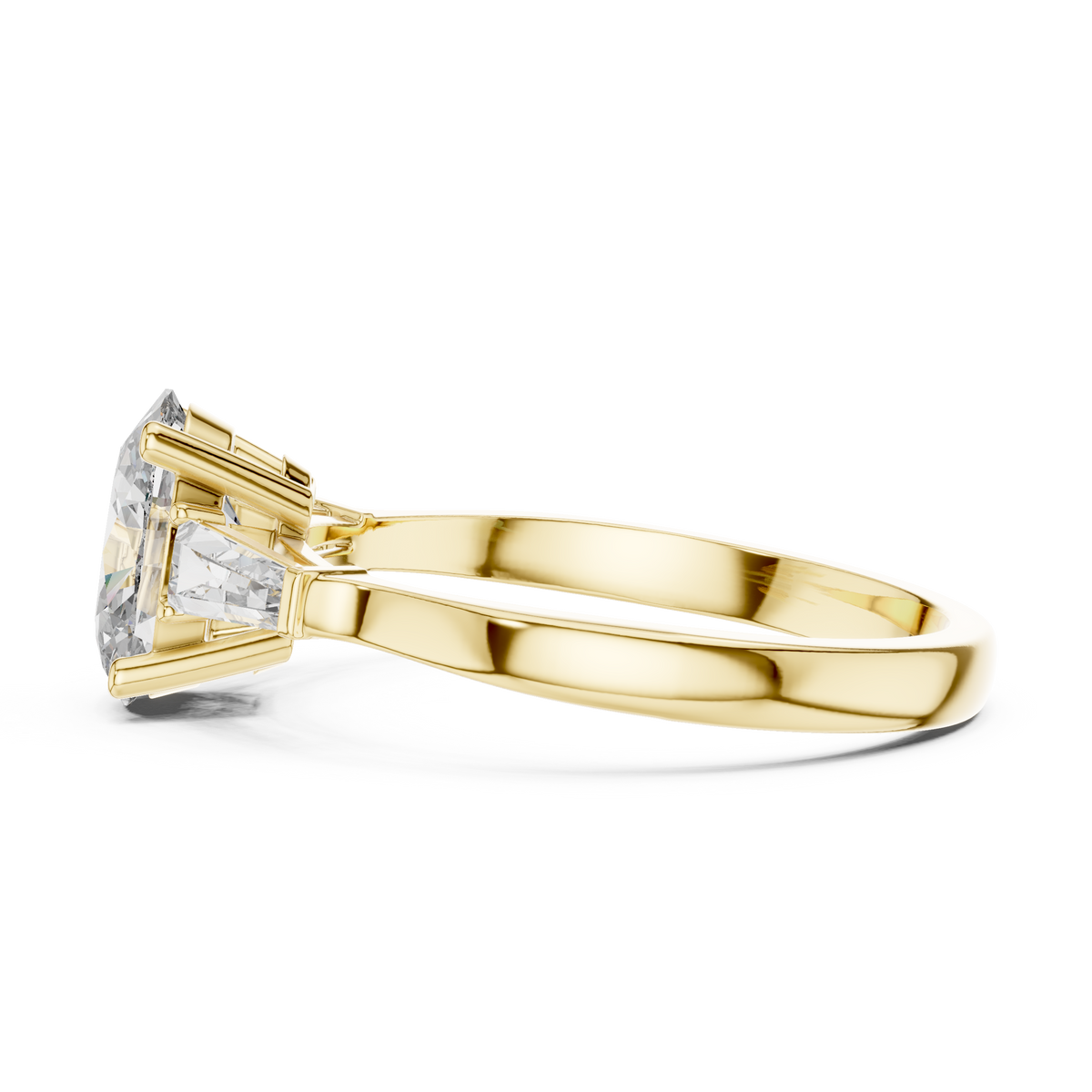 Open velvet jewelry box angle showing the complete three stone oval lab diamond ring with custom baguette accents ready for gifting and shipping worldwide