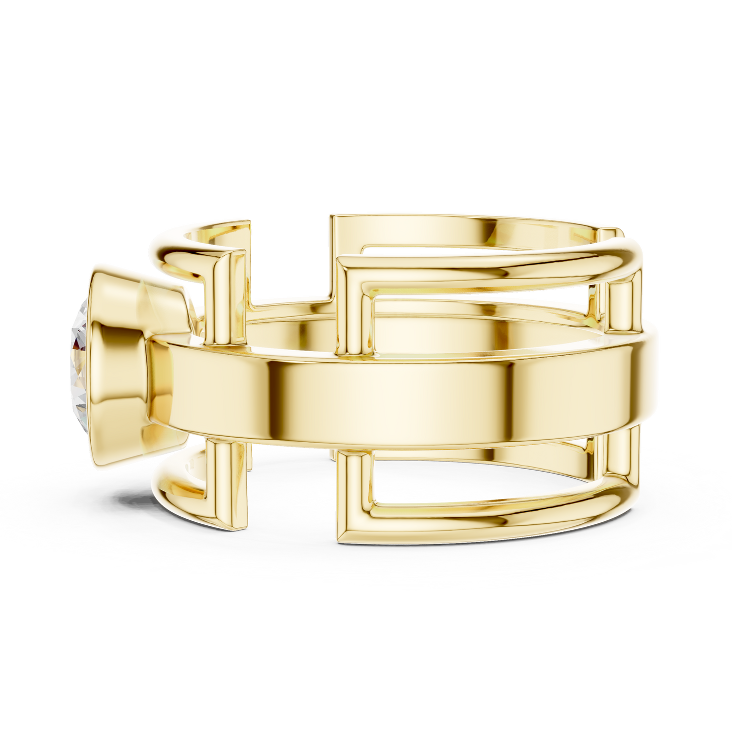 Bold Bezel Solitaire Ring | Architectural Open Band | Rose White Yellow Gold Plated