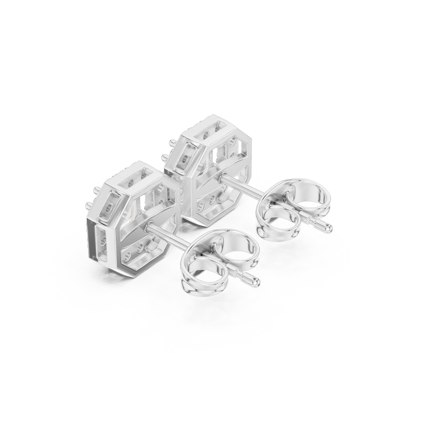 Side profile view of the 14K gold halo stud earrings showing the sturdy peg head and comfortable friction backing design demonstrating the quality and durability of these fine diamond earrings crafted by HB Prestige Jewels for discerning customers
