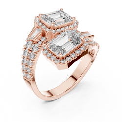 Solid 14K Yellow Gold Lab Diamond Ring side profile shot highlighting the cathedral gallery structure and split shank band set with micro pave diamonds and accent baguettes, showcasing premium craftsmanship for women searching for fine lab diamond jewelry.