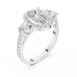 Sunlight sparkle refraction view of vintage cluster halo lab diamond ring in 18K solid gold showing radiant rainbow light dispersion and fire from high quality cushion cut and marquise accent stones.