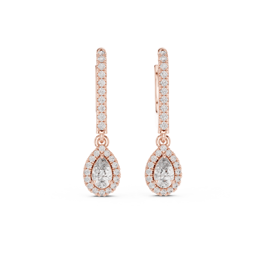 Teardrop Diamond Halo Dangle Earrings Close-Up Macro View