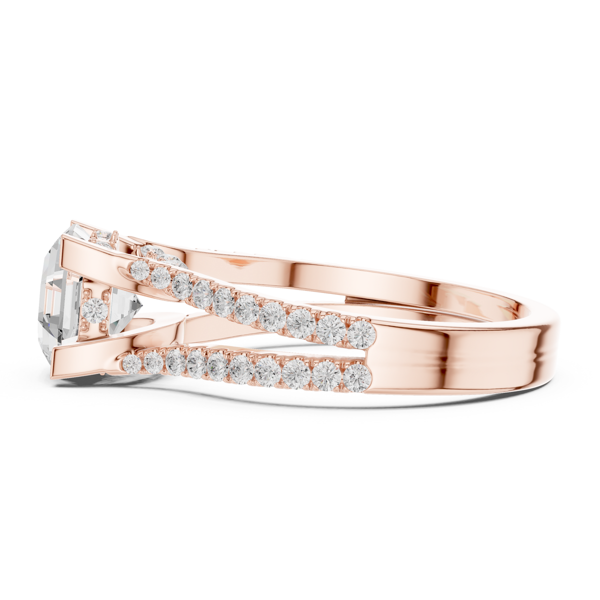 Top down bird eye perspective showing the geometric octagon stone shape and the symmetric pave diamond band layout of this bridal ring