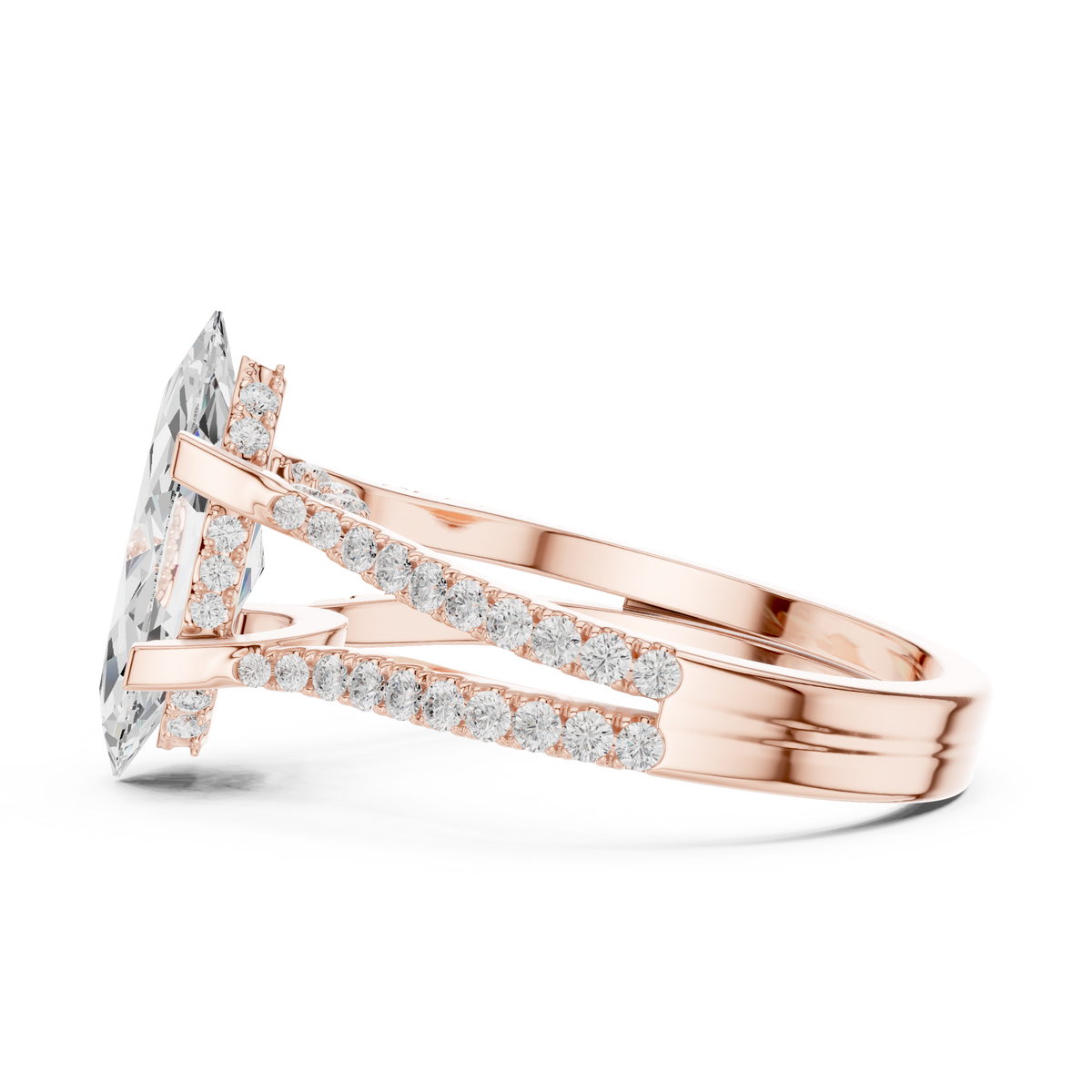 Top down top view of solid gold marquise diamond engagement ring showcasing precise 6 prong center stone mount surrounded by round brilliant micro pave diamonds ideal for luxury wedding ring shopping.