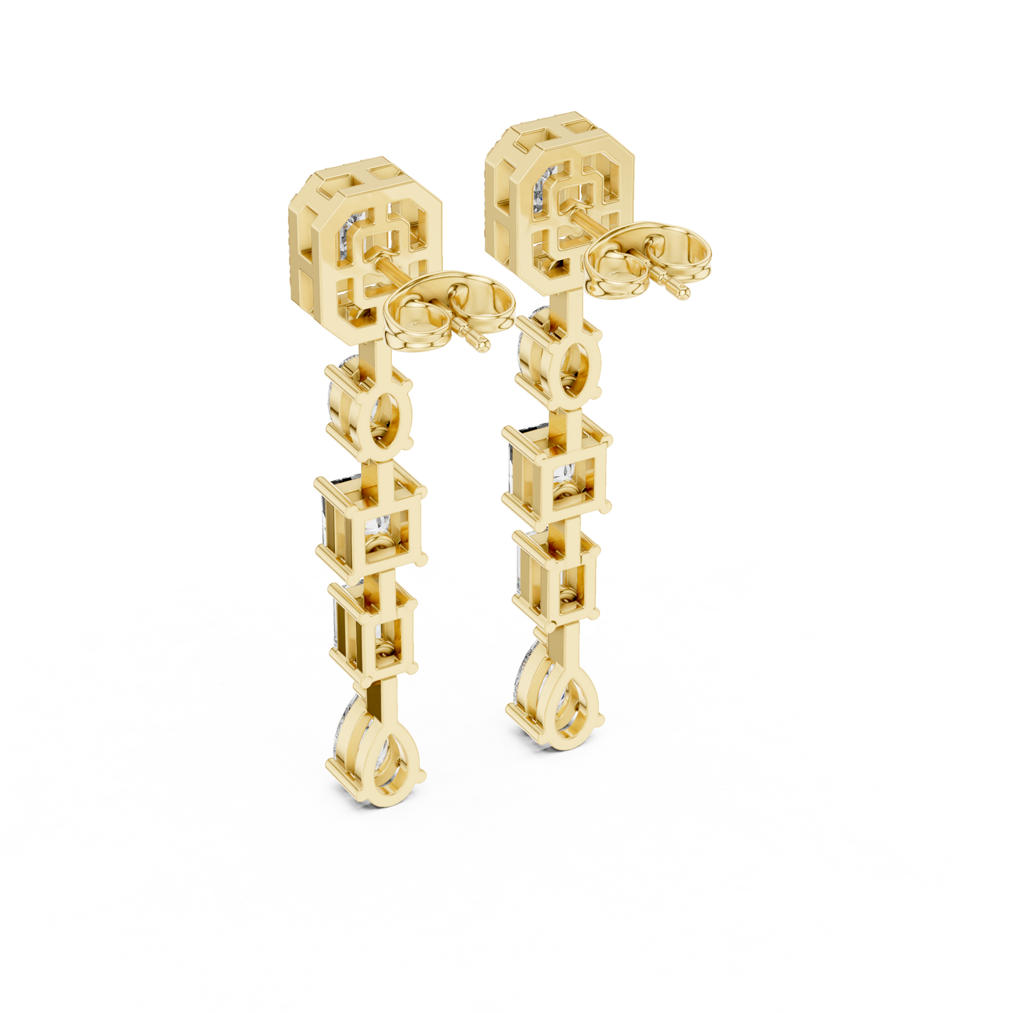 multi-shape diamond cascade in solid 14K gold. Geometric bridal statement earrings for women