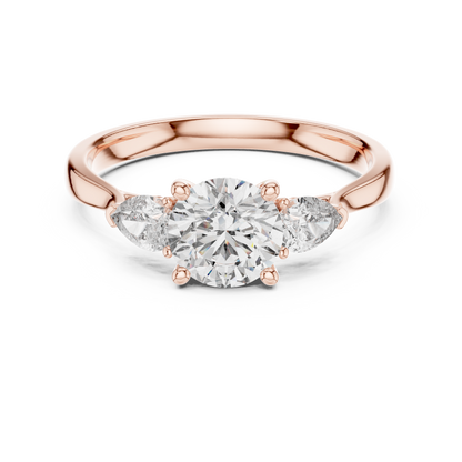 Handcrafted 3-Stone Ring • 0.80Ct Round Center Diamond • Pear Accented Elegant Design