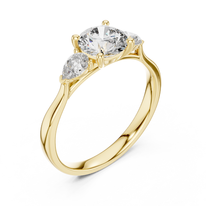 Handcrafted 3-Stone Ring • 0.80Ct Round Center Diamond • Pear Accented Elegant Design