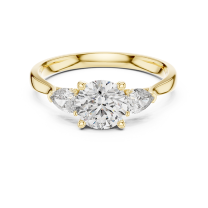 Handcrafted 3-Stone Ring • 0.80Ct Round Center Diamond • Pear Accented Elegant Design
