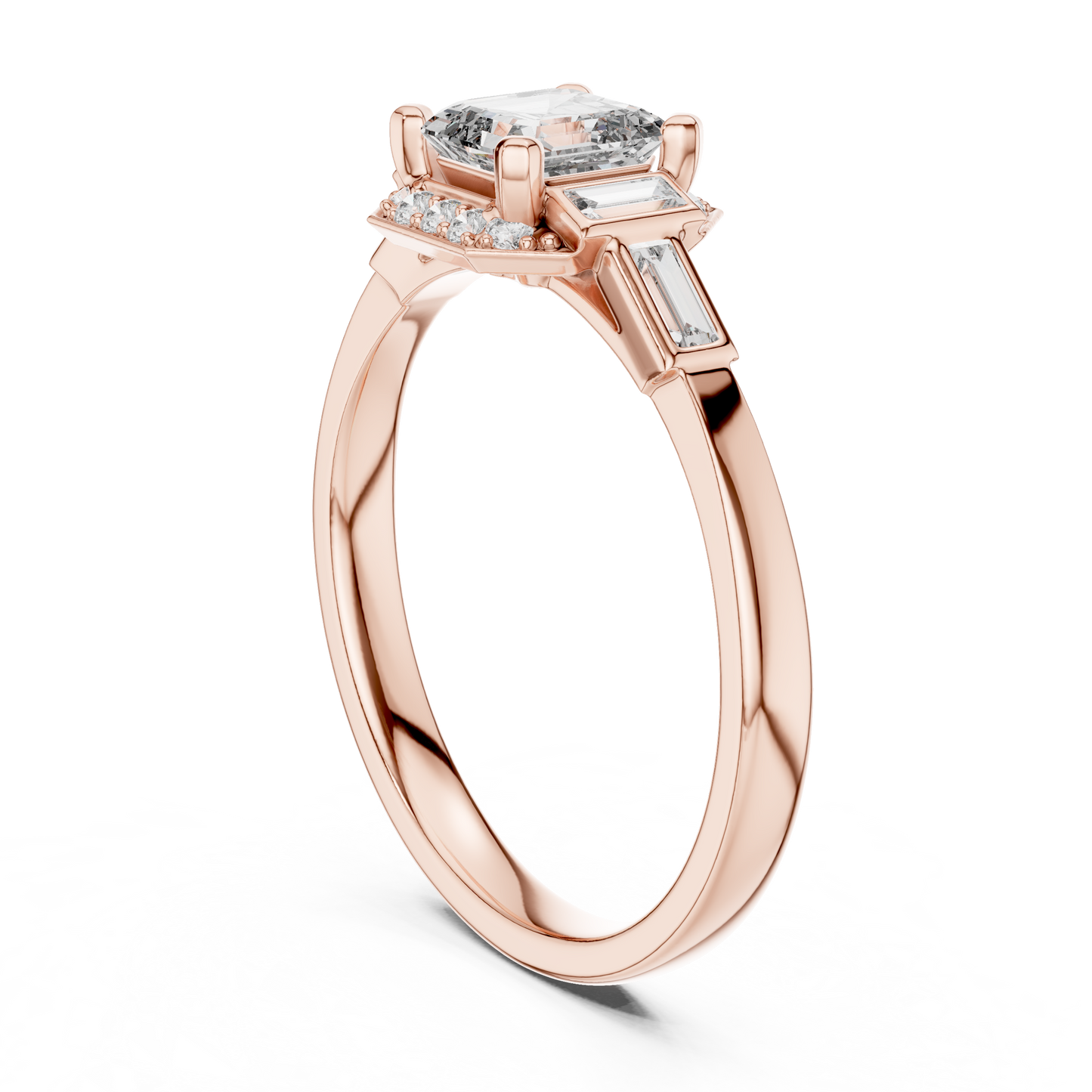0.60CtRadiant Cut Baguette Side Stone Engagement Ring-Minimal  Silver Ring Embellished with Elongated Cut Stones