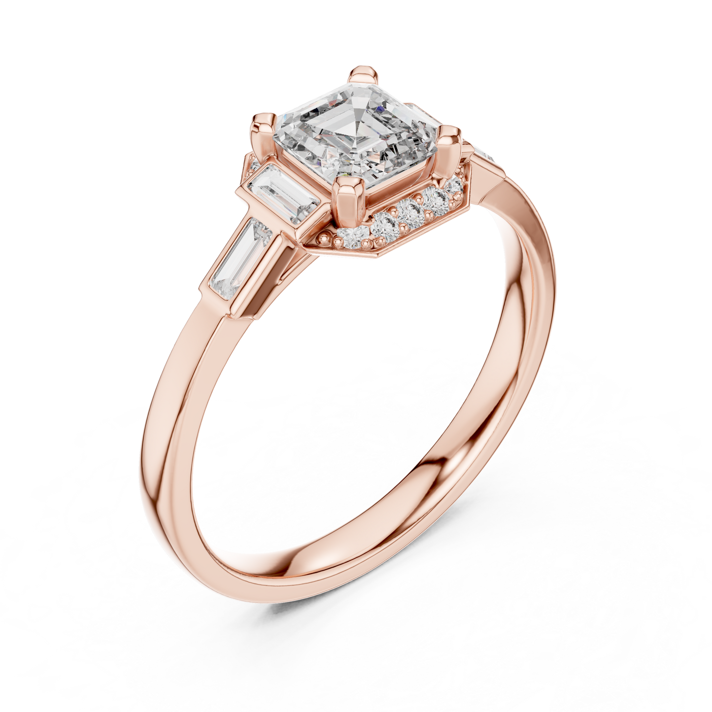 0.60CtRadiant Cut Baguette Side Stone Engagement Ring-Minimal  Silver Ring Embellished with Elongated Cut Stones